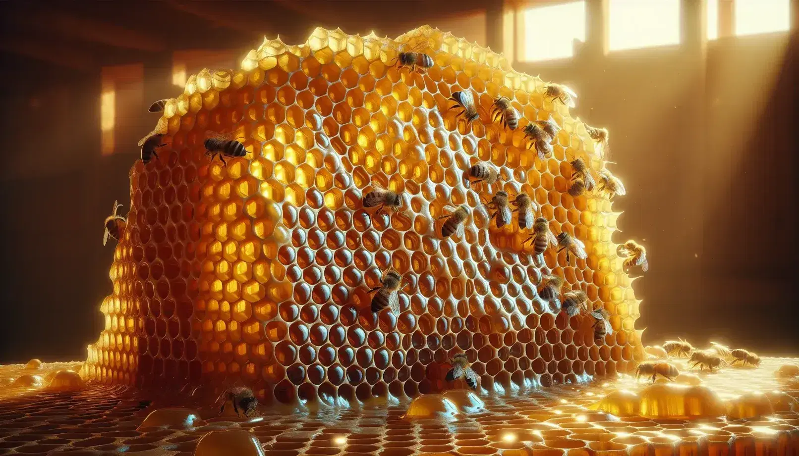 Close-up of a golden honeycomb with hexagonal cells filled with glistening honey, some empty, in a blurry hive.
