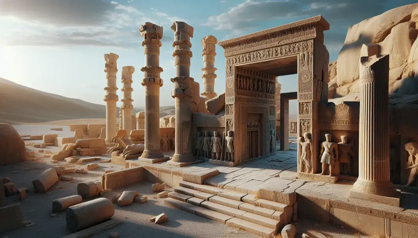 Ruinas de Persepolis con columnas de piedra talladas, escalinata desgastada y restos de palacios bajo un cielo azul con nubes dispersas.