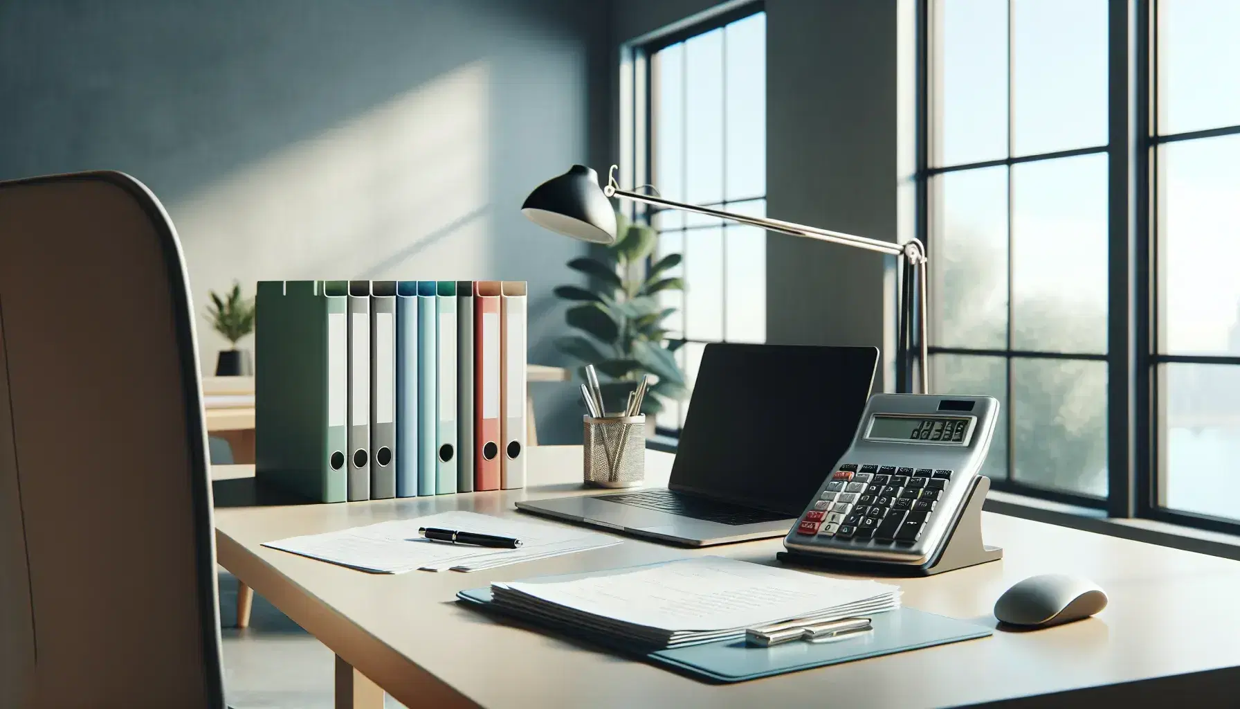Oficina moderna y luminosa con escritorio amplio, calculadora gris, carpetas de colores, teléfono fijo negro, laptop plateado y planta verde junto a ventana con cielo despejado.
