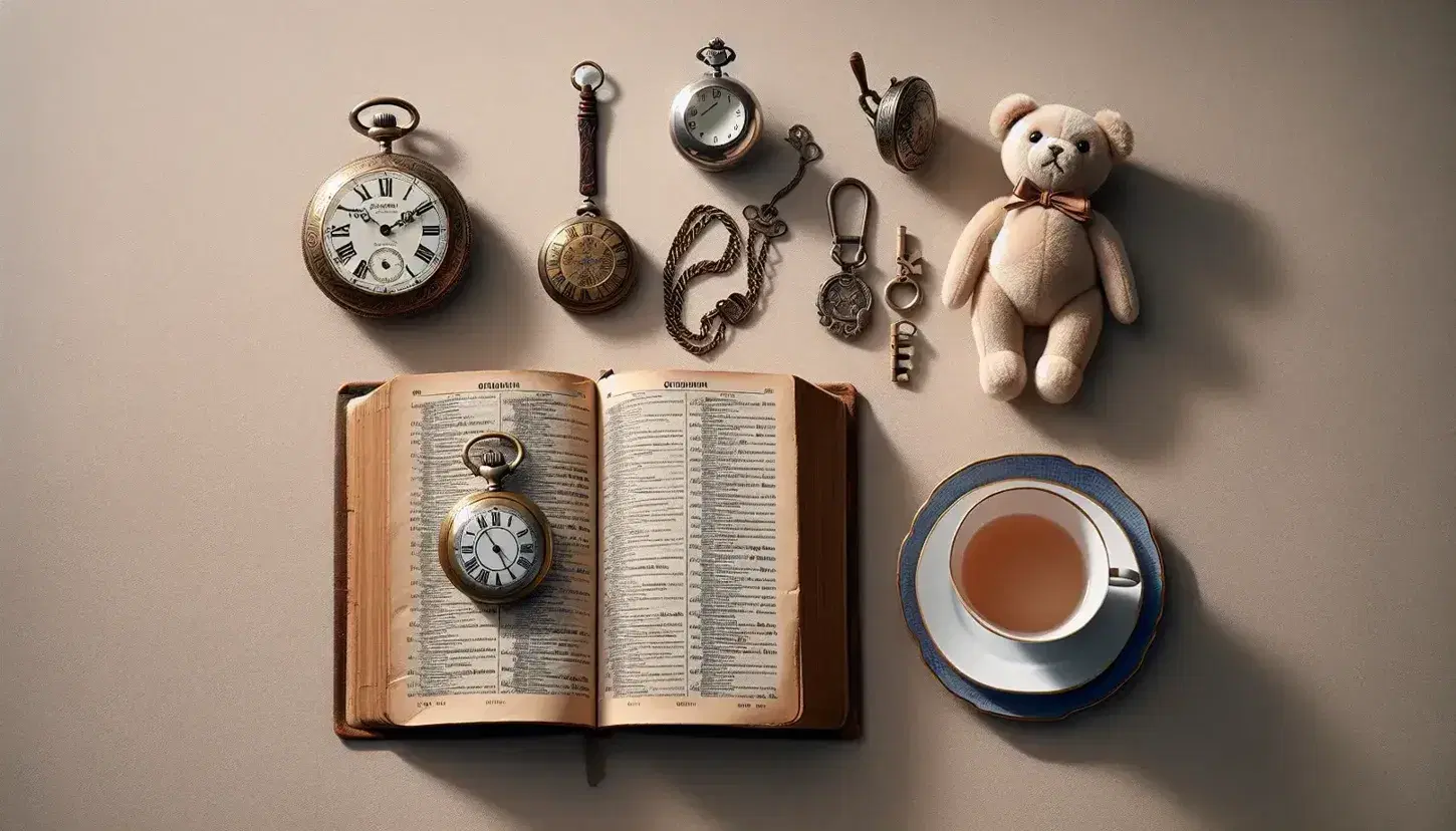 Dizionario tedesco aperto con orologio da tasca, tazza da tè e peluche neutro, simboli dei generi grammaticali, su sfondo neutro.