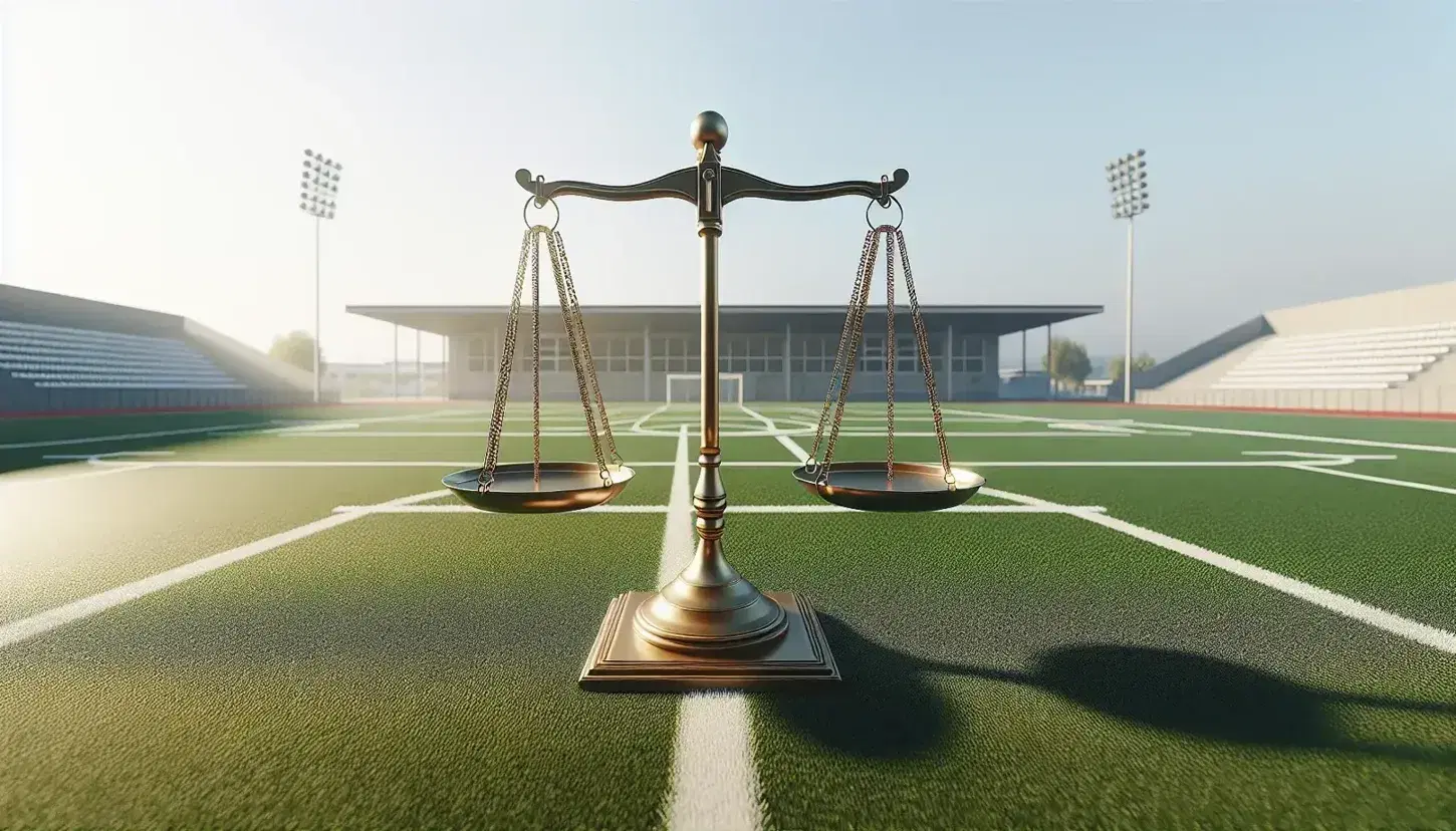 Golden balance scale symbolizing justice centered on a green artificial turf sports field with clear blue sky in the background, no people or equipment present.