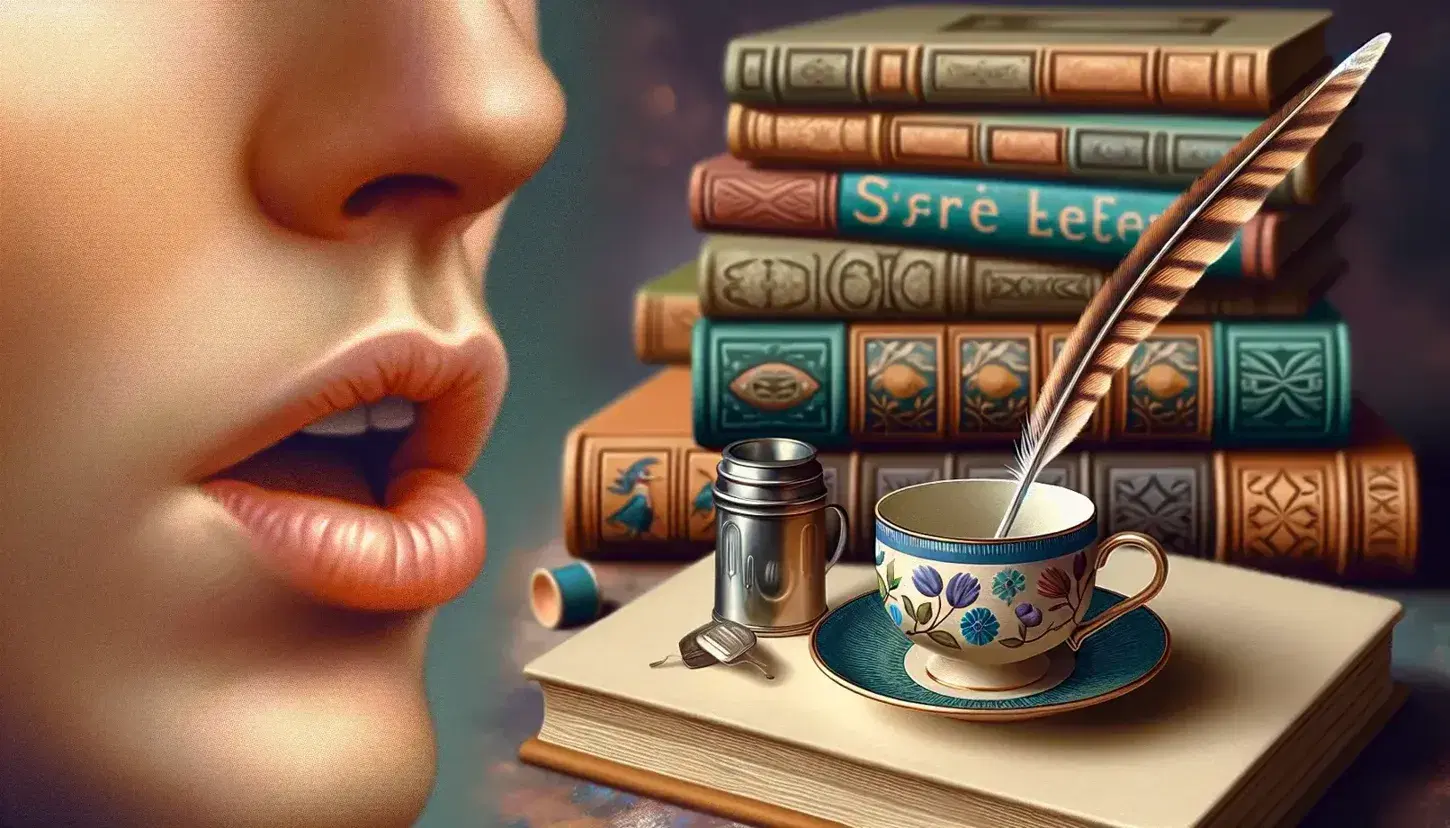Close-up of a person's mouth forming French phonetics, with a blurred background of vintage books, a porcelain cup with a floral pattern, and a quill on a notebook.