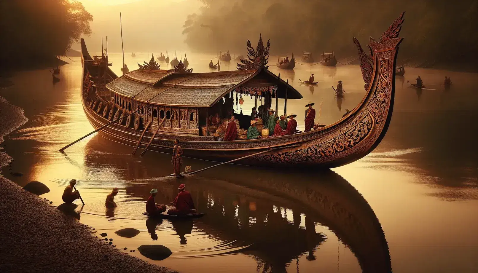 Traditional wooden vessel on a serene river at sunrise, with ornate carvings and people in colorful attire, surrounded by lush tropical vegetation.