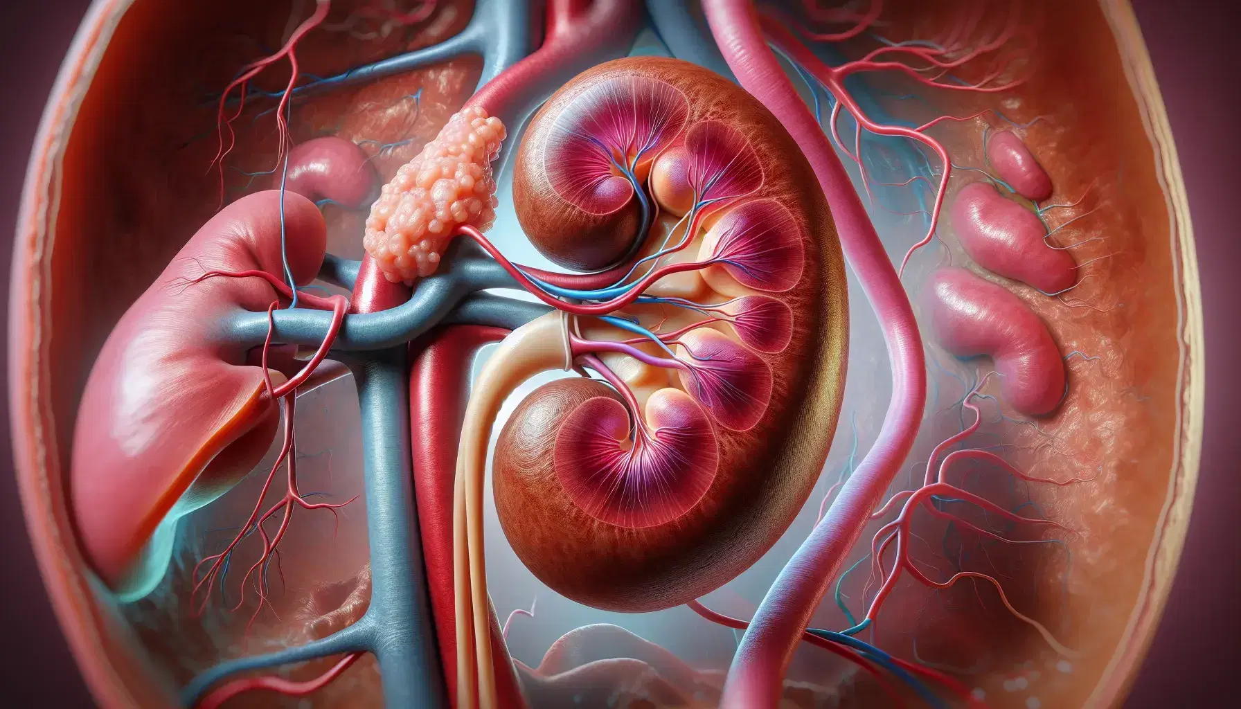 Riñón humano detallado con glándula suprarrenal y vasos sanguíneos en tonos rojos y azules, y uréter, en un entorno que simula tejidos internos.