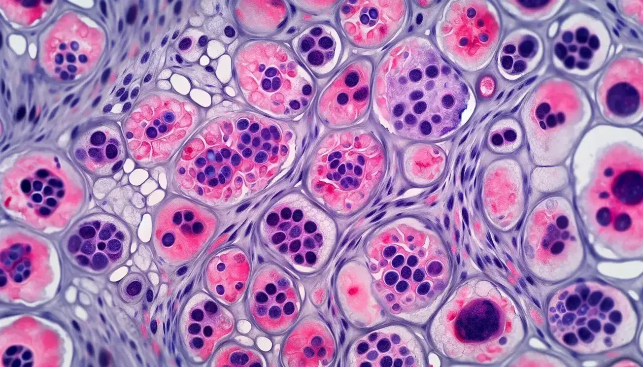 Vista microscópica de tejido celular teñido mostrando células con núcleos oscuros y citoplasma claro, algunas en división con cromosomas alineados.