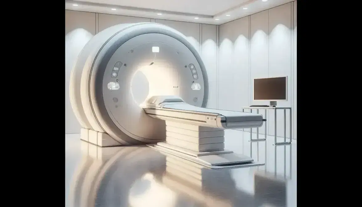 Máquina de resonancia magnética cilíndrica en sala médica con camilla deslizable y monitor apagado, iluminación suave y piso reflectante.