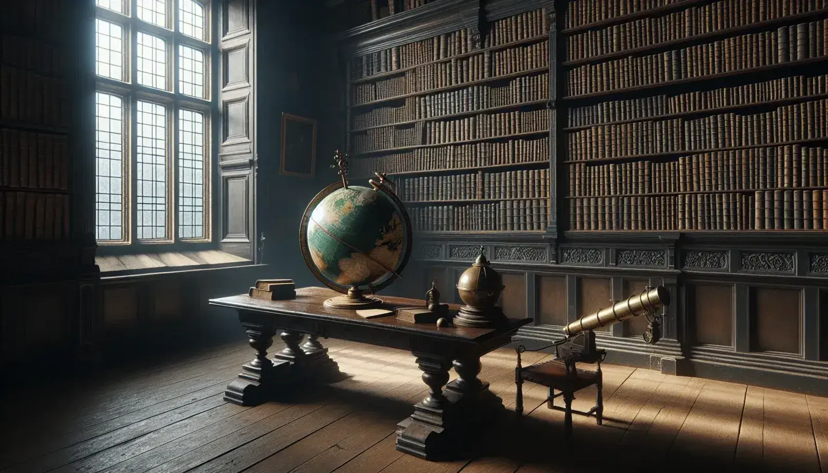 Aula universitaria del XVII secolo con globo terrestre, telescopio antico, libreria piena di volumi e uomo in abiti d'epoca.