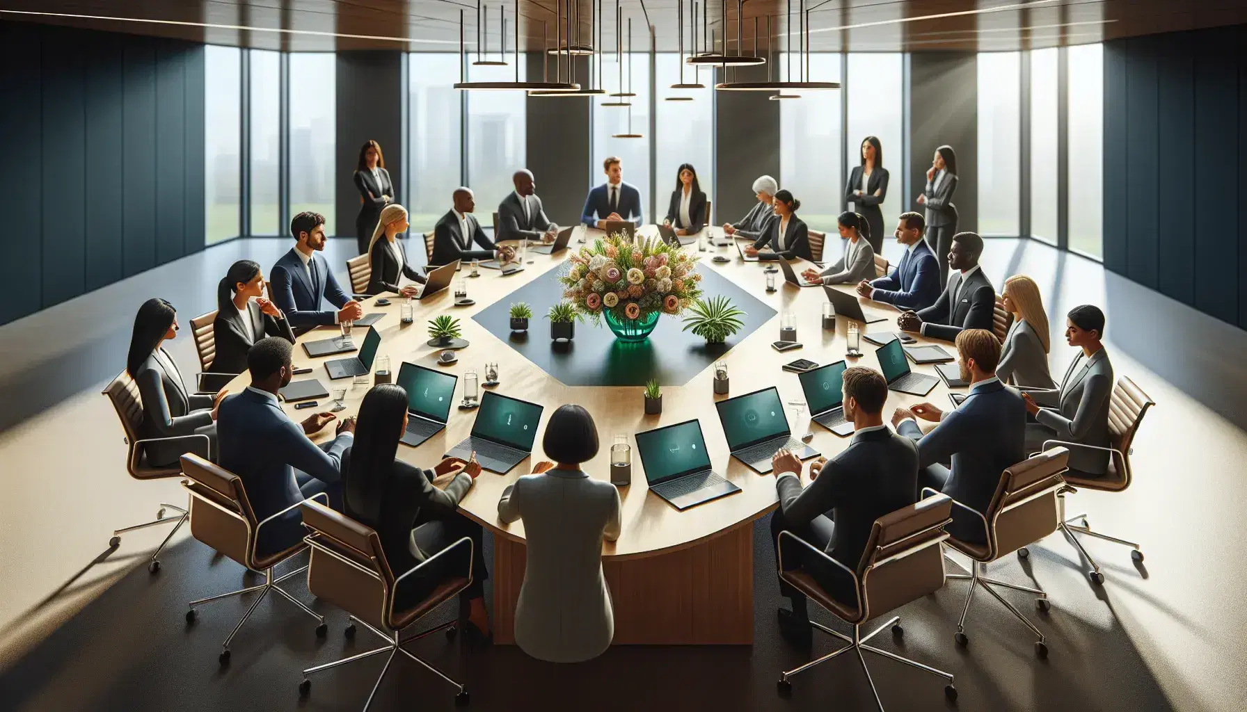 Diverse group of professionals in a meeting at a wood conference table with laptops, digital tablets, and a vase of colorful flowers.