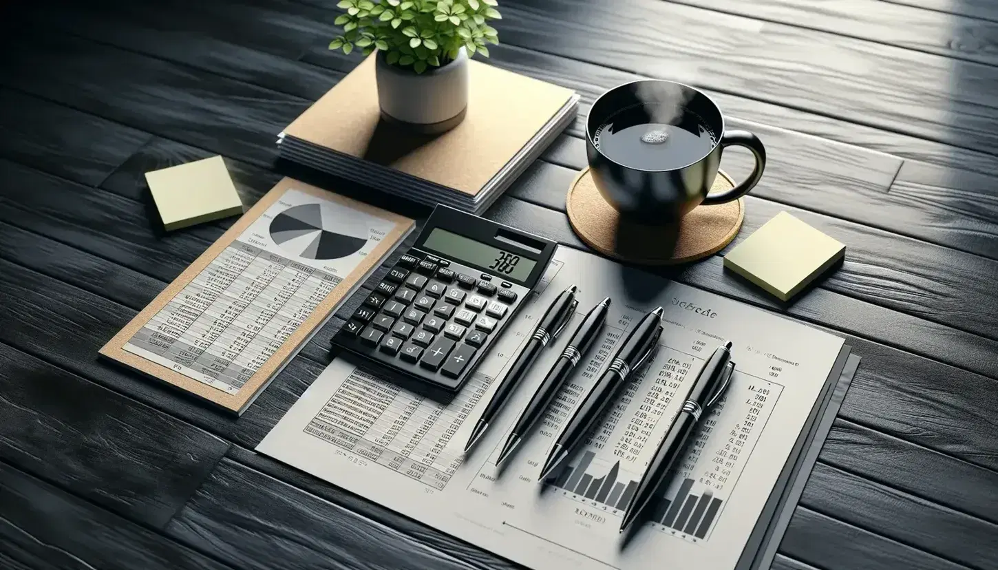 Escritorio de oficina con calculadora apagada, papeles con gráficos, bolígrafos sobre notas adhesivas, taza de café humeante y planta verde.