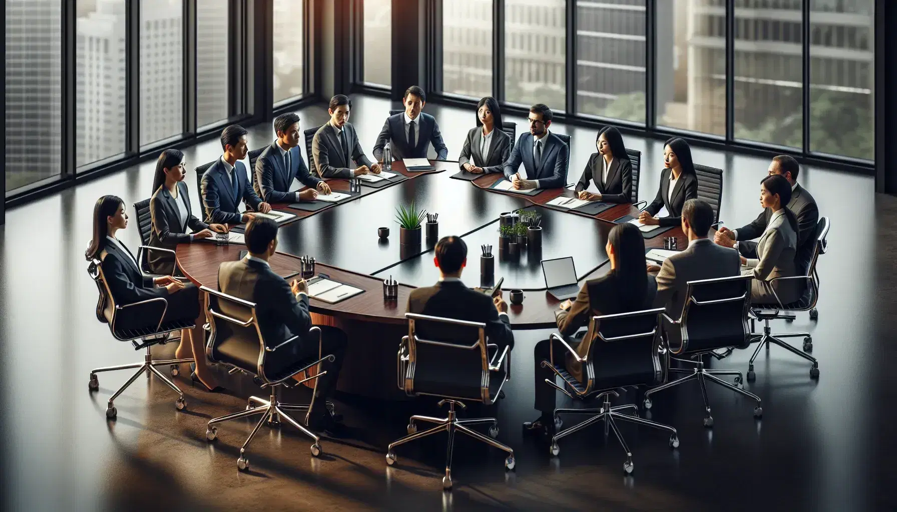 Diverse business professionals engage in a meeting around an oval table in a well-lit office with city views, reflecting collaboration and focus.