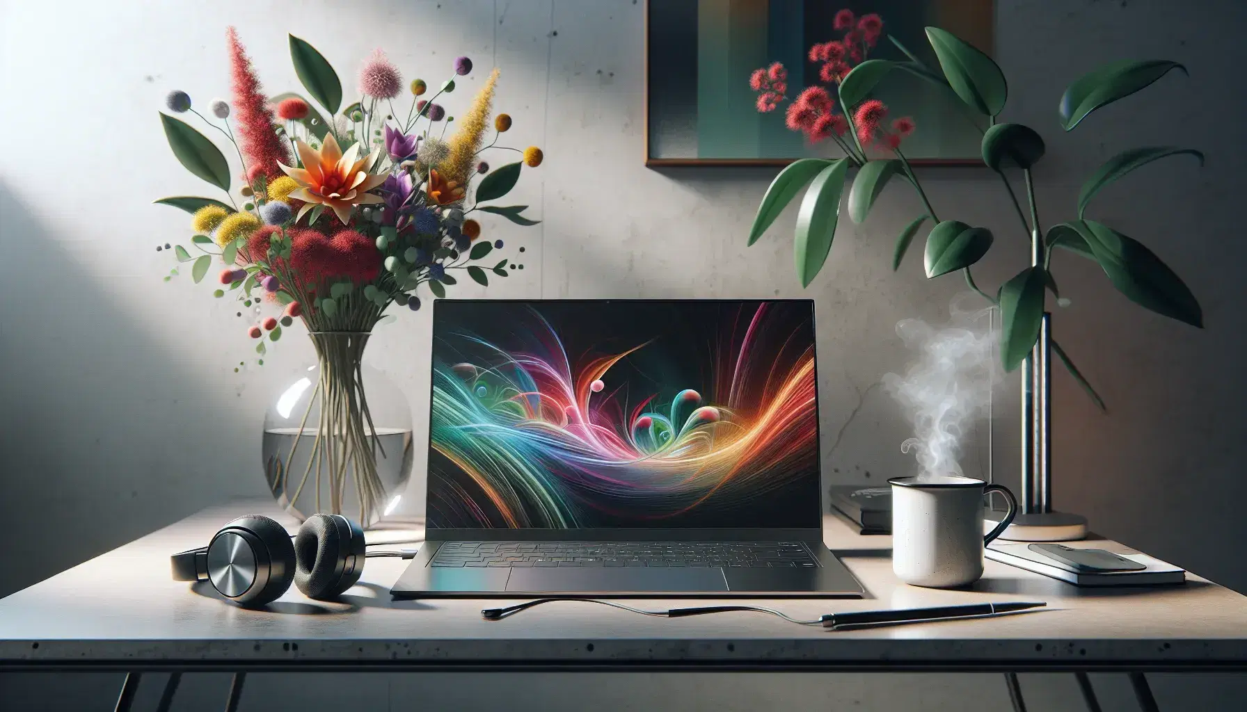 Tidy desk with turned on modern laptop, cup of steaming coffee, green plant, black headphones and vase of fresh flowers on whiteboard background.