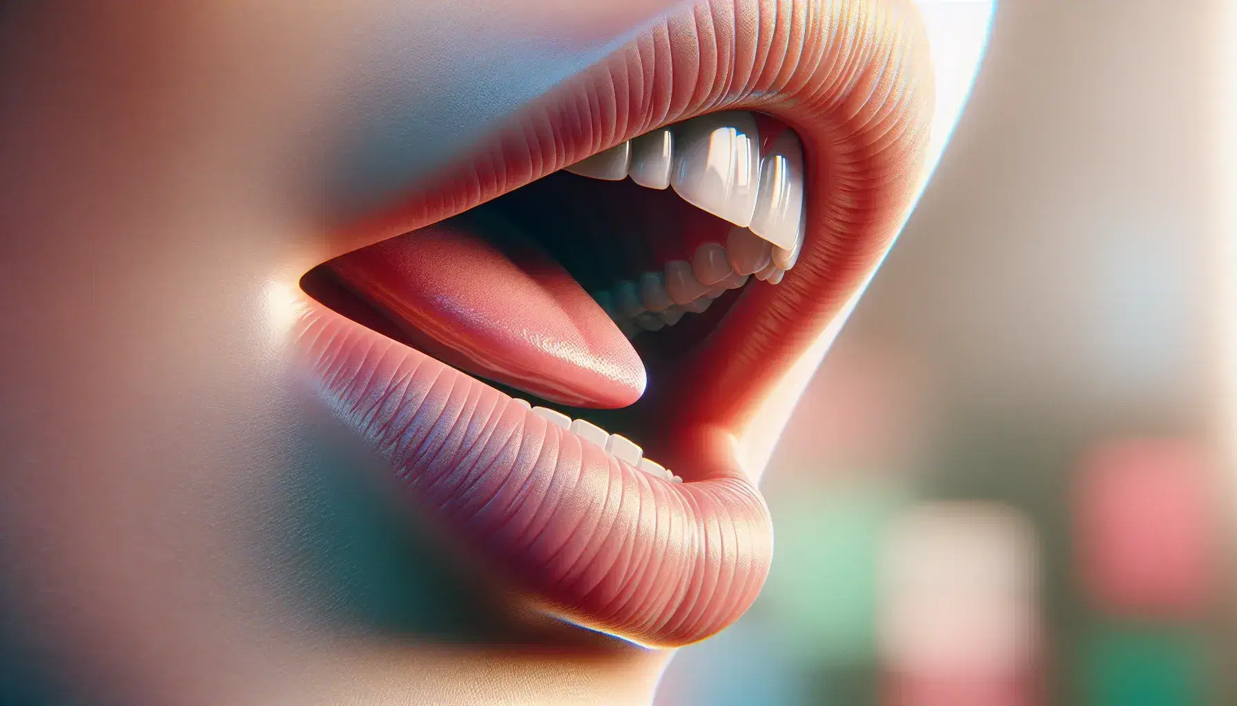 Close-up profile view of a human mouth slightly open mid-speech, showcasing aligned teeth and a pink tongue, set against a blurred classroom backdrop.