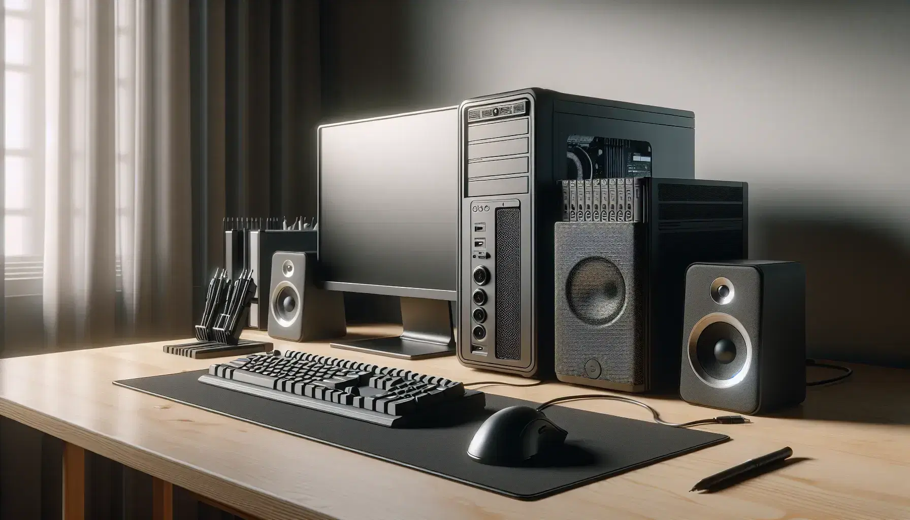 Mesa de trabajo con componentes de computadora, incluyendo torre negra, teclado, ratón óptico, monitor apagado, altavoces, impresora y tableta gráfica.