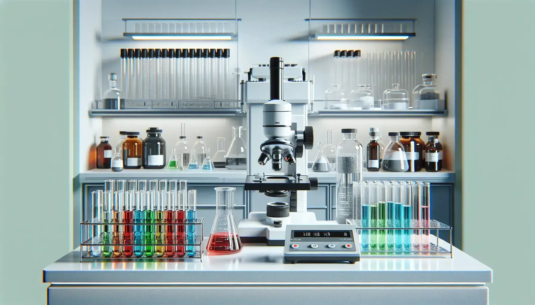 Laboratorio científico moderno con tubos de ensayo de colores en soporte metálico, microscopio y estante con frascos de sustancias en polvo.