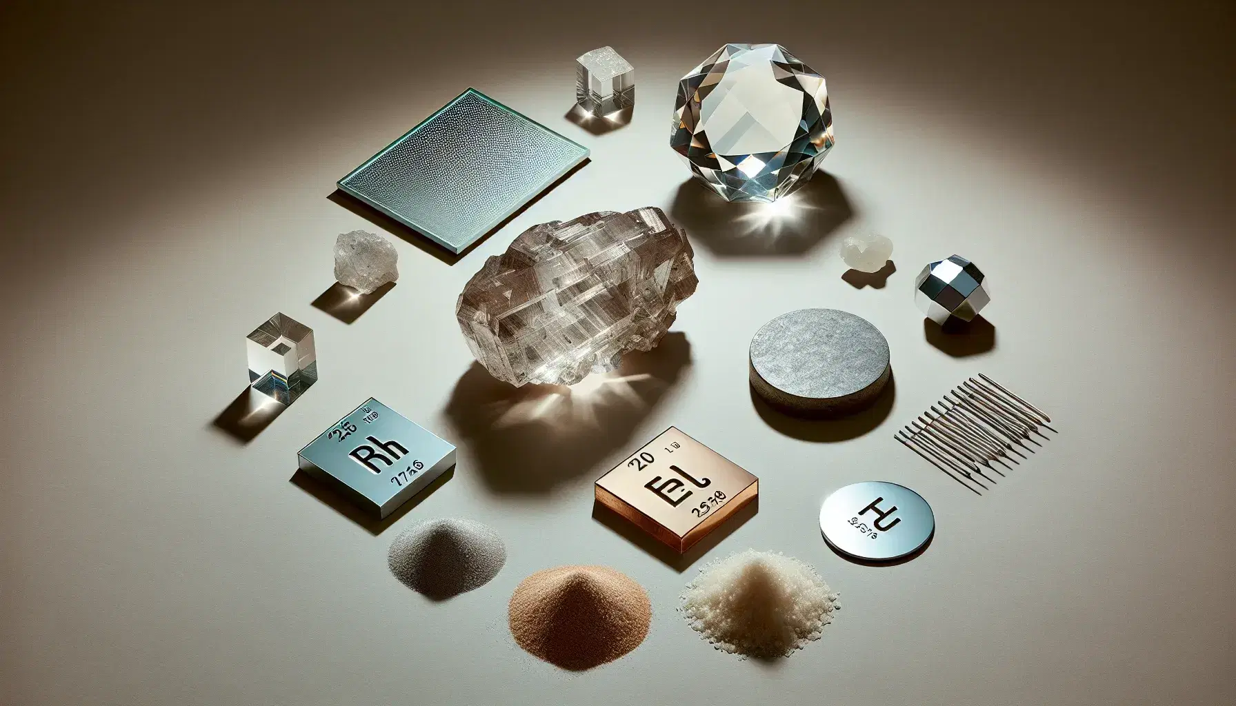 Crystalline sample of brown boron, gray metallic piece of beryllium, silver silicon wafer, beryllium oxide powder and metallic aluminum on gray background.