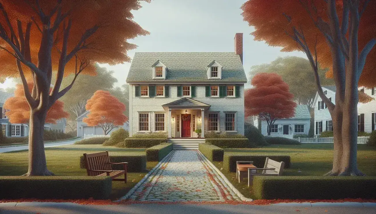 Quaint New England-style family home with white siding, red door, green shutters, and a brick chimney, surrounded by autumn foliage and a cobblestone path.