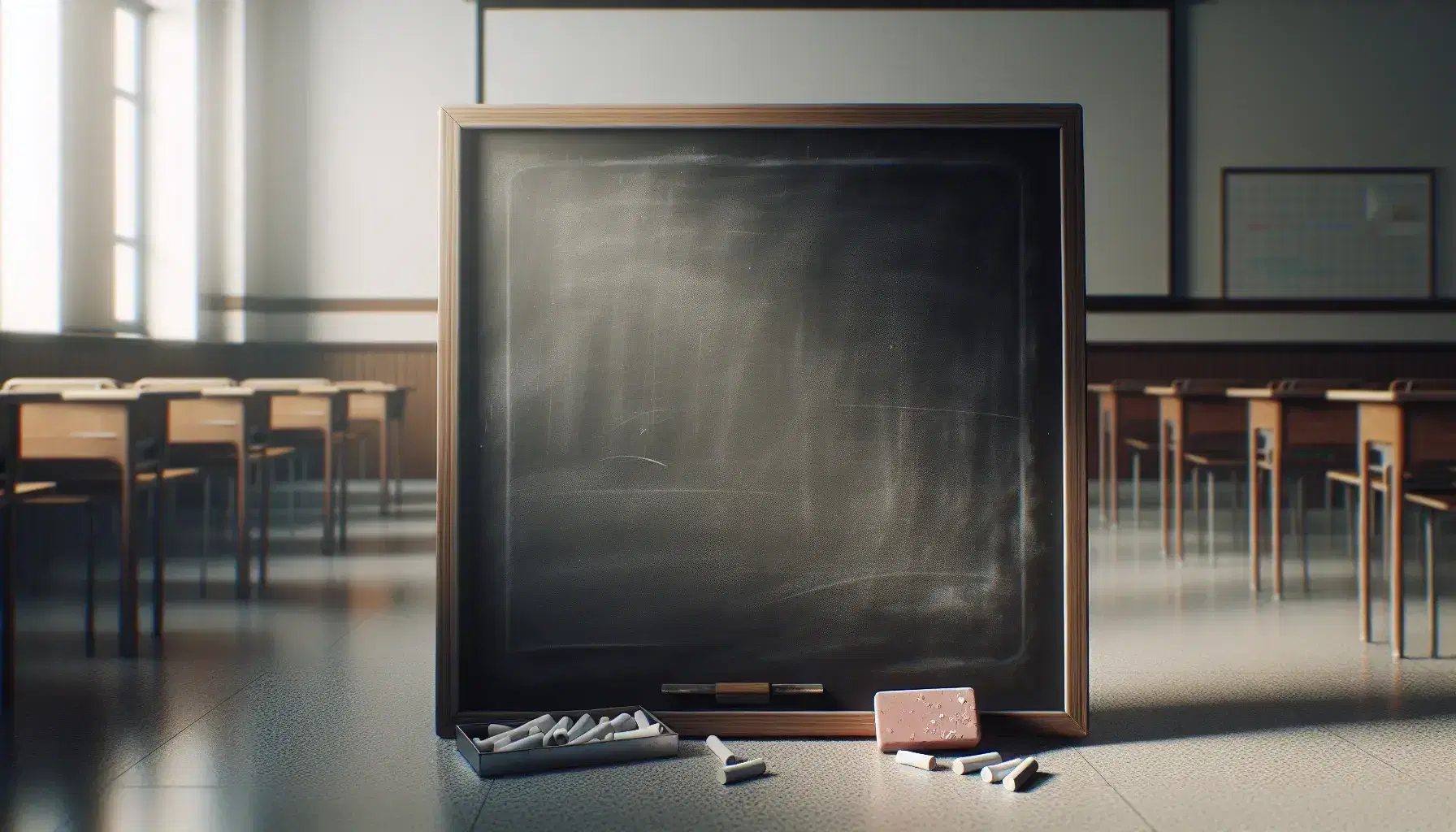 Close-up view of a clean blackboard with chalk dust and wooden frame, classroom desks in the background, chalk holder and eraser in the corner.
