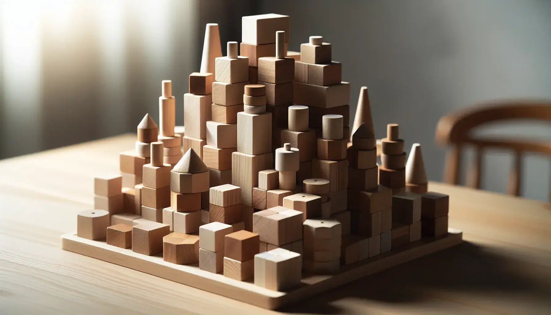 Bloques de construcción de madera en diferentes formas y tonos apilados en estructura equilibrada, sin textos visibles, con fondo desenfocado y sombras suaves.