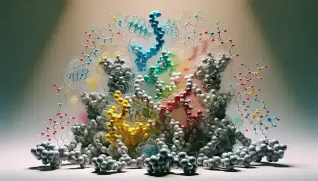 Modelos moleculares tridimensionales de proteínas con esferas de colores que representan átomos unidos por varillas, destacando una estructura central compleja.