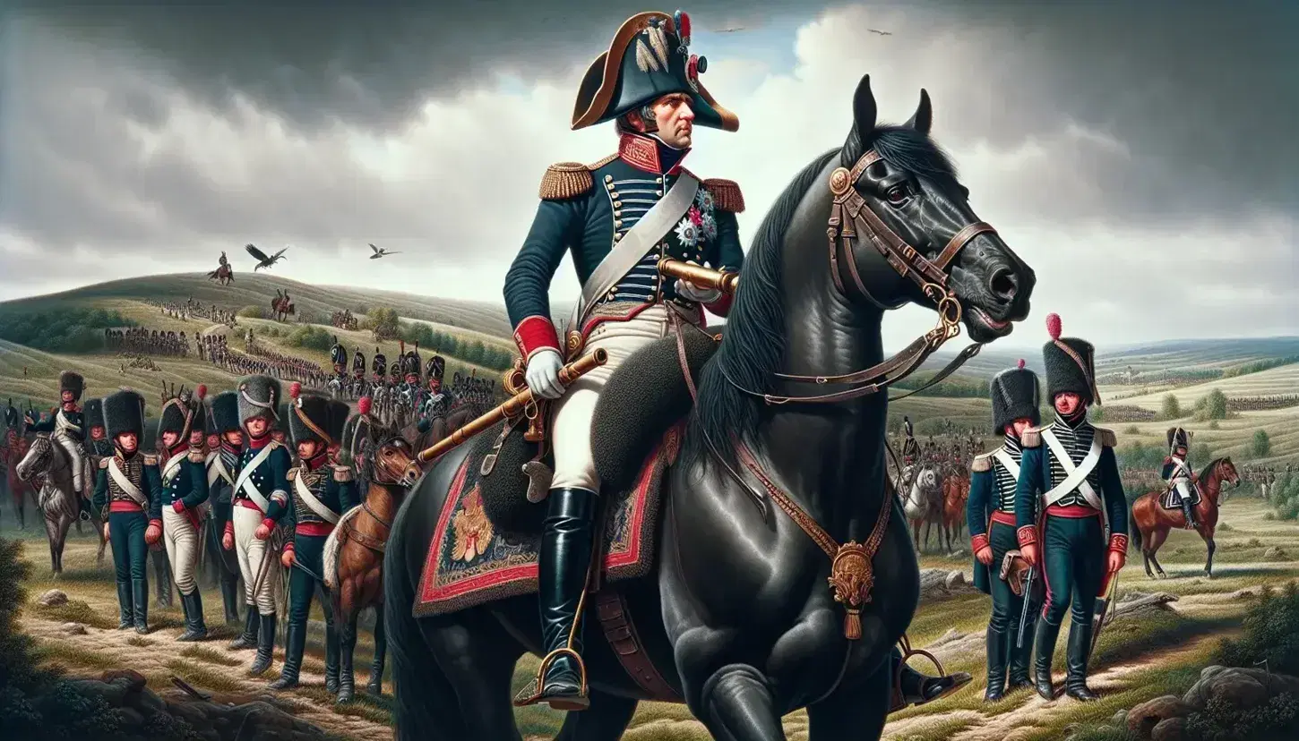 Generale napoleonico a cavallo con cannocchiale, soldati in uniforme e bandiera tricolore in un paesaggio collinare.