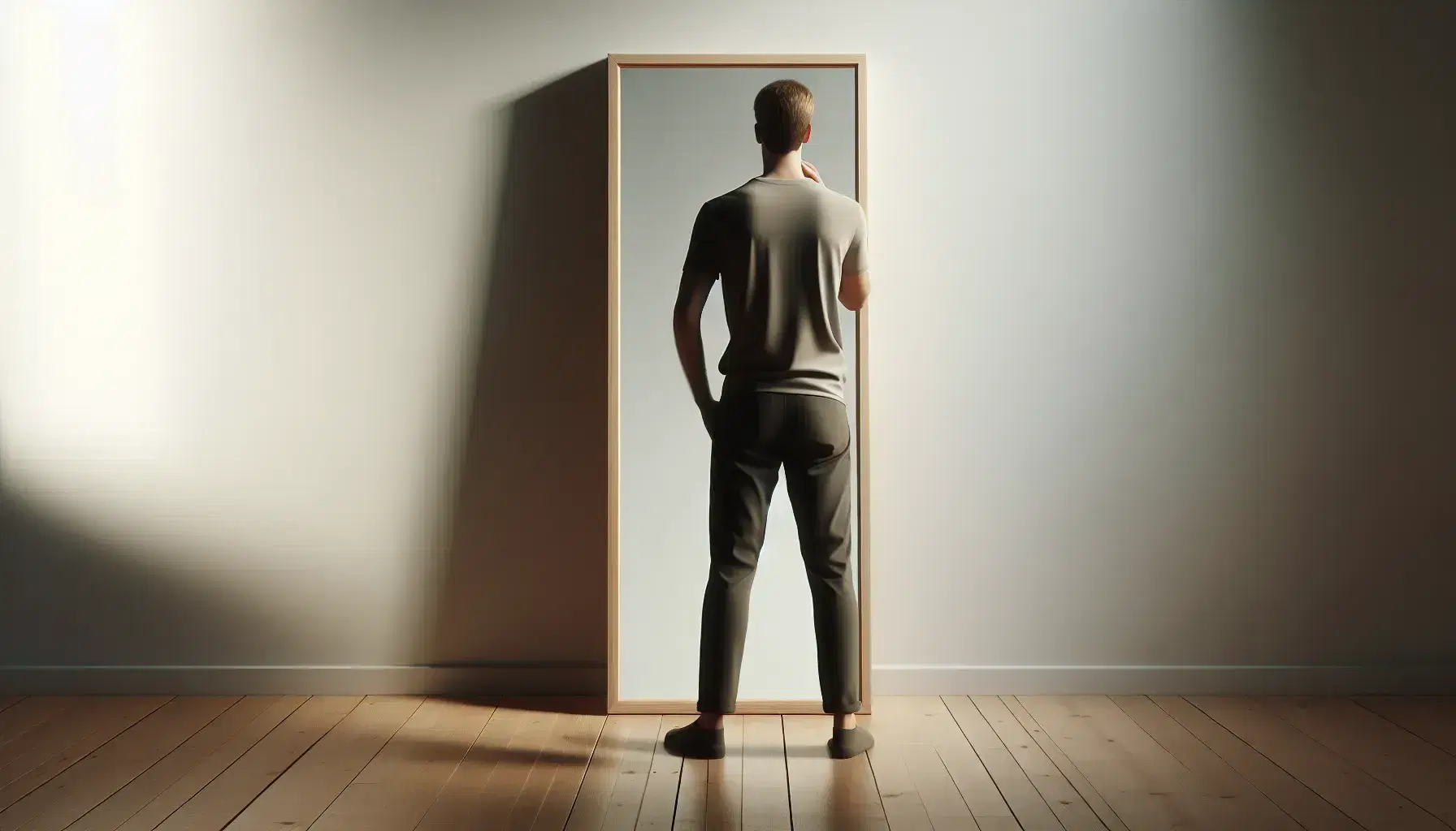 Persona de espaldas frente a espejo de marco de madera clara en pared blanca, con camisa lisa y pantalones oscuros, en habitación iluminada suavemente.