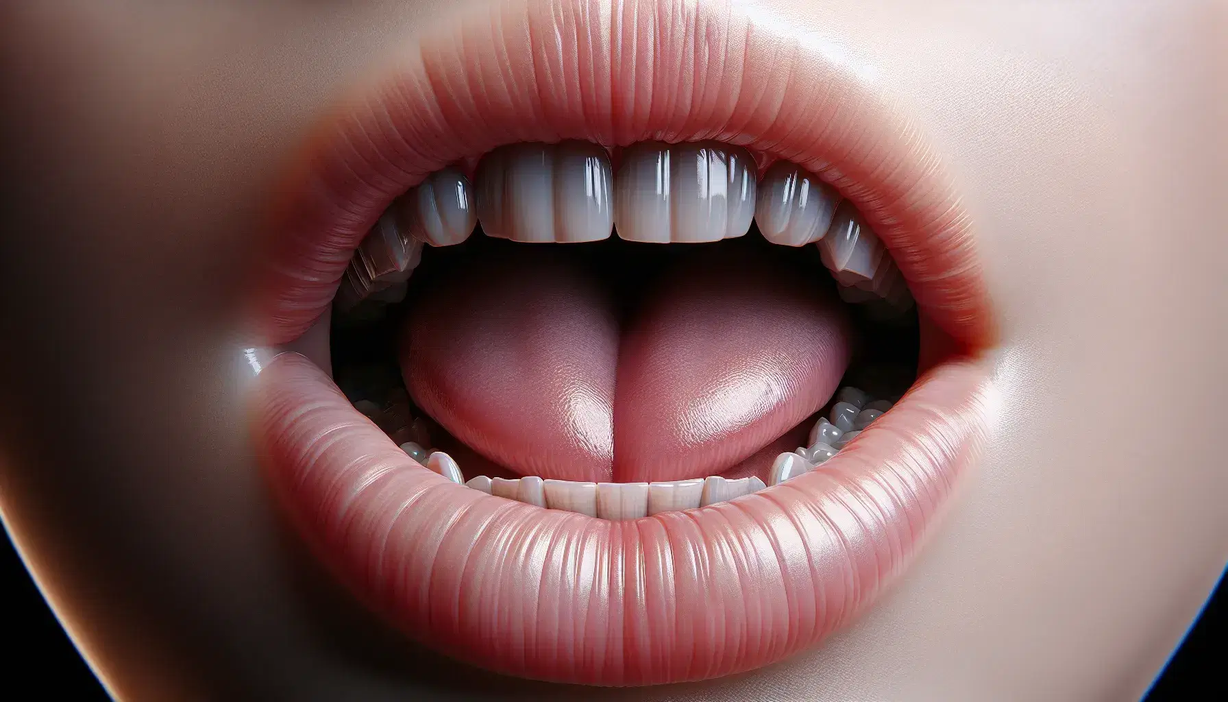 Close-up view of a human mouth with lips slightly parted and teeth visible, tongue positioned to articulate a voiceless consonant.