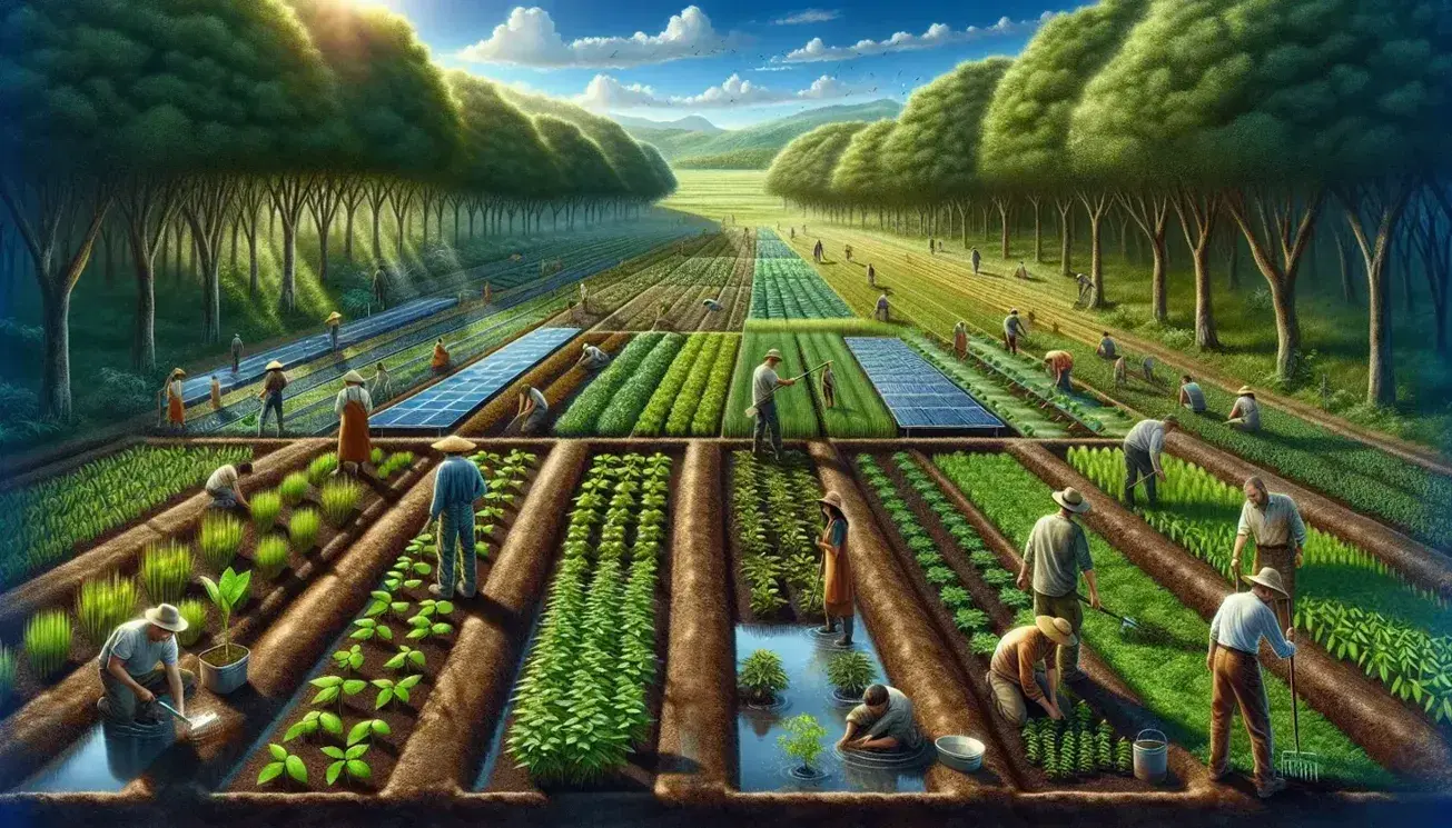 Paesaggio naturale con persone che coltivano piantine in campo fertile, alberi rigogliosi sullo sfondo, pannello solare e ruscello limpido.