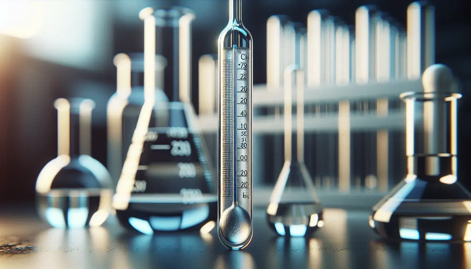 Termómetro de mercurio con escala graduada y columna de mercurio a la mitad, en un laboratorio con frascos Erlenmeyer y tubos de ensayo desenfocados en el fondo.
