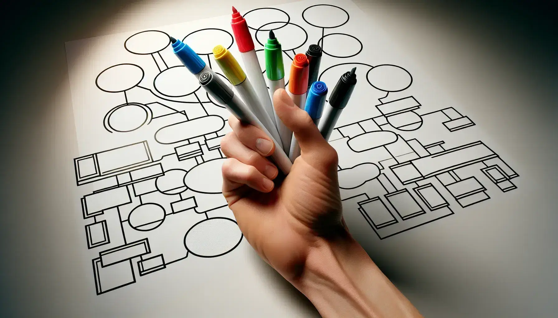 Mano seleccionando rotuladores de colores sobre superficie blanca con organizadores gráficos vacíos como diagrama de Venn, mapa conceptual y estructura de árbol.