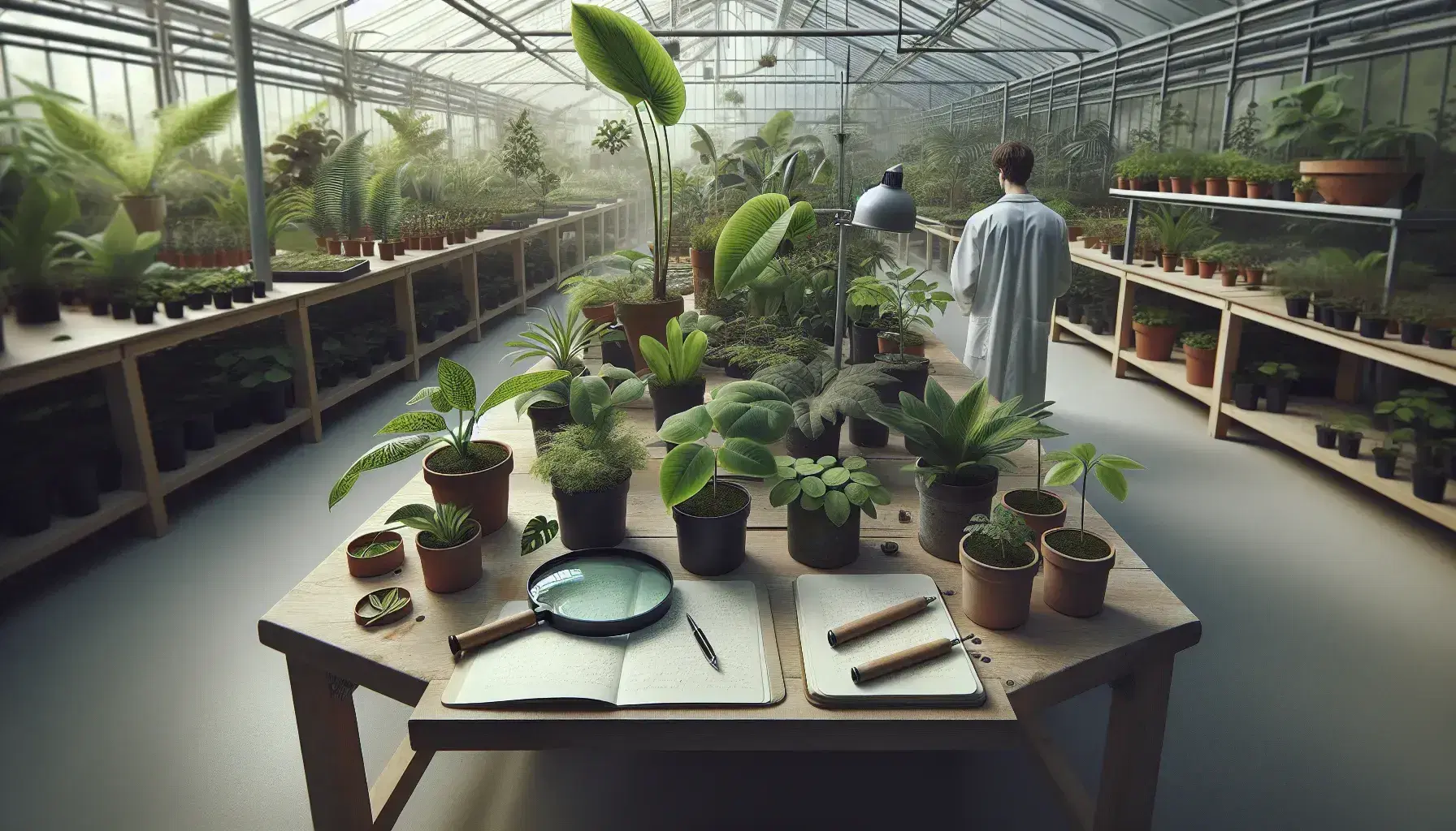 Estudiante en bata blanca tomando notas junto a mesa de trabajo con plantas y lupa en invernadero iluminado por luz natural.