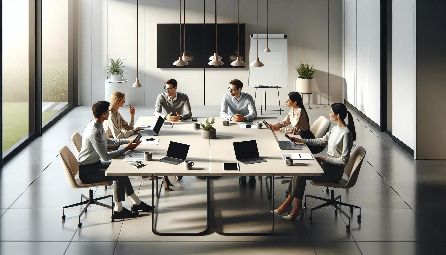 Grupo de cinco profesionales en reunión de trabajo en oficina moderna con mesa de conferencia, laptops, tabletas y tazas de café, ambiente iluminado y decoración neutra.