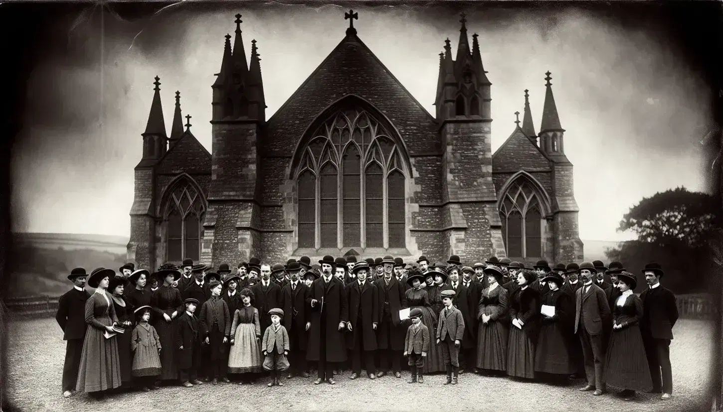 Early 20th-century congregation in front of a Gothic church, with a man addressing the group, all in period attire, under natural light.