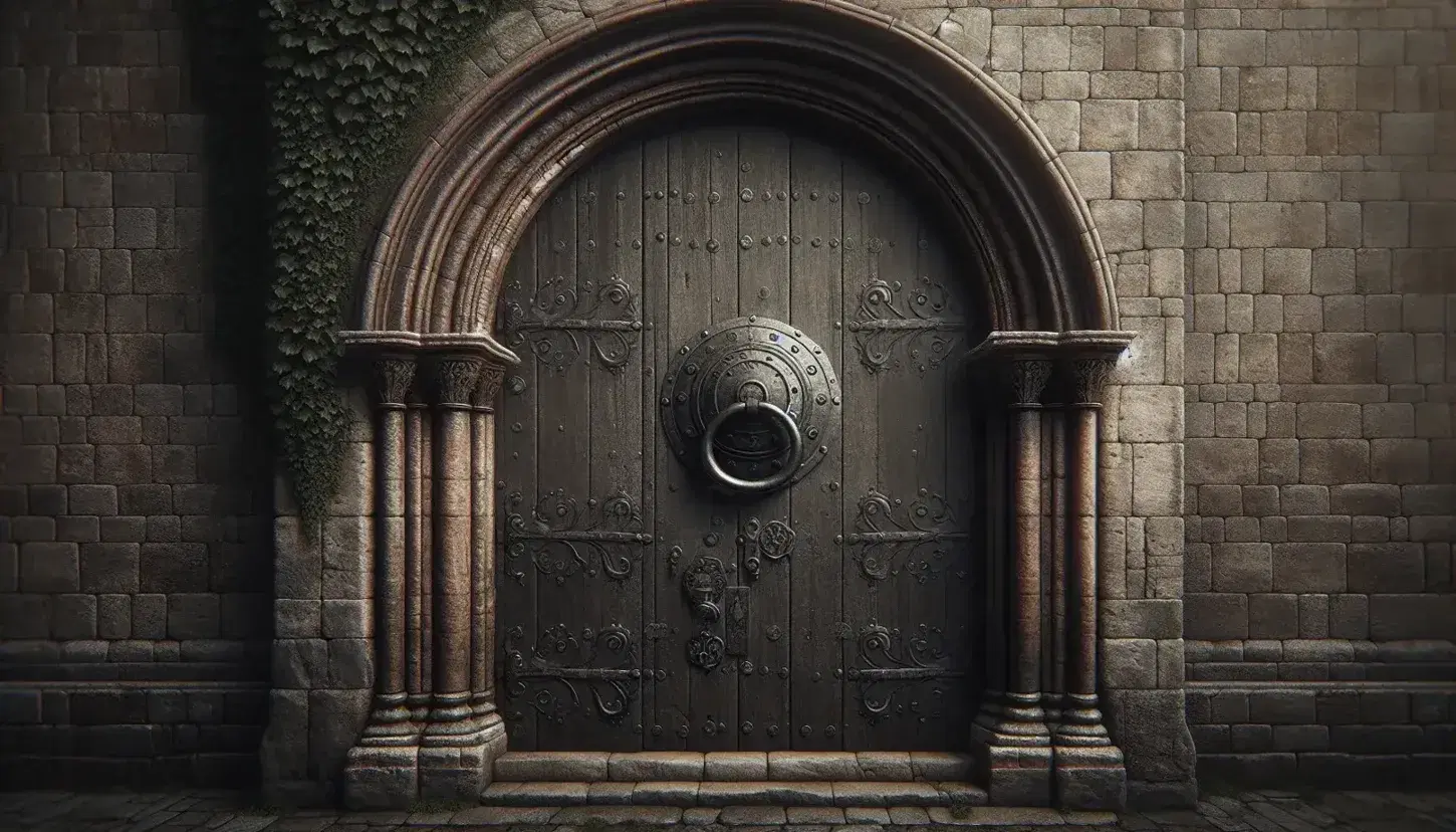 Aged wooden church door with wrought iron hinges and ornate knocker, framed by a stone arch with ivy and a stained glass window, set upon a cobblestone ground.