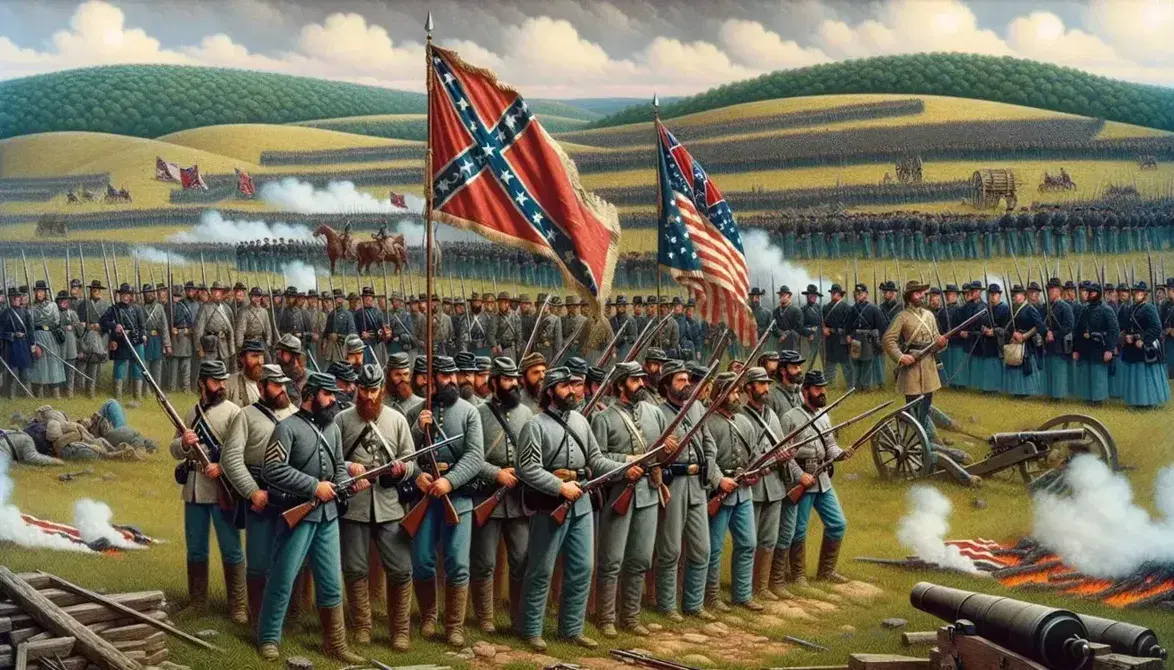 Confederate soldiers in grey with a red flag face Union troops in blue with a star-spangled banner amid smoke on a hilly battlefield.