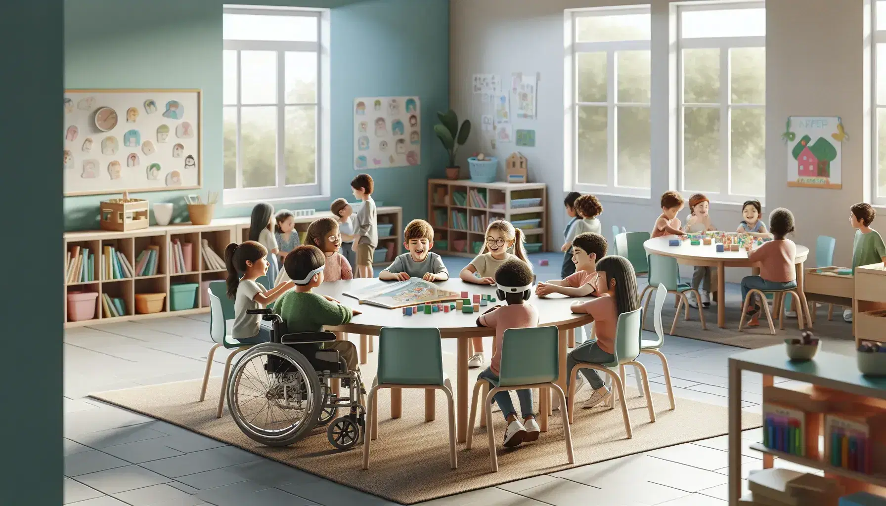 Aula escolar luminosa con niños diversos interactuando alrededor de una mesa redonda, incluyendo un niño en silla de ruedas y una niña con audífono.