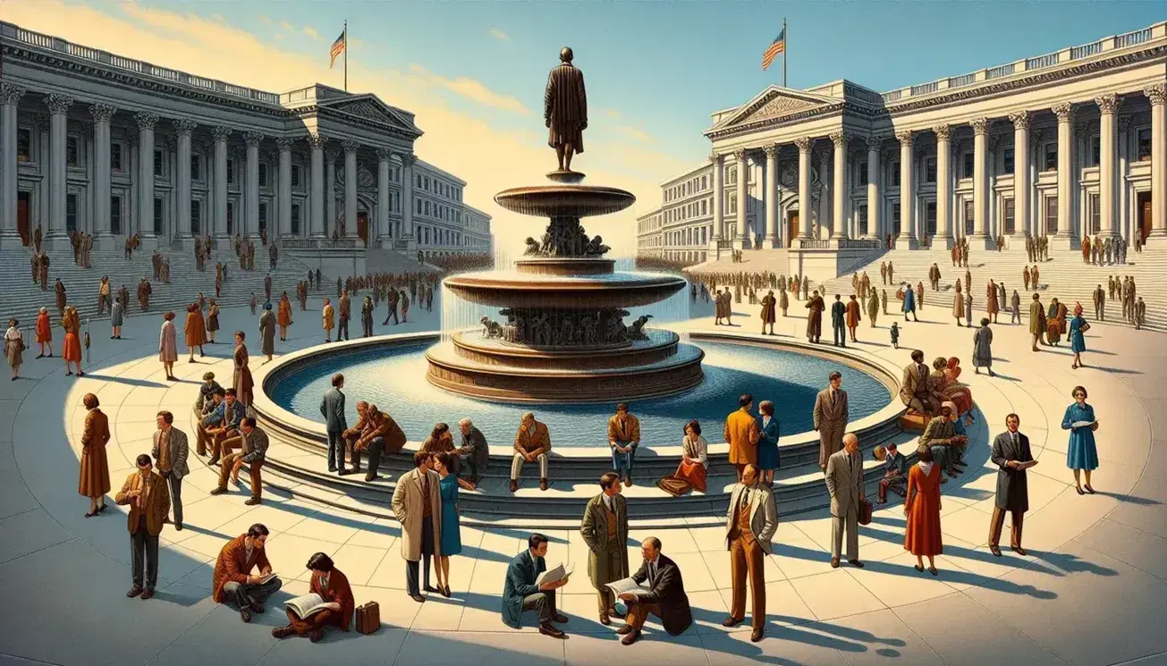 Public square with a central cascading fountain, diverse people mingling, and bronze statues on pedestals under a clear blue sky, conveying harmony.