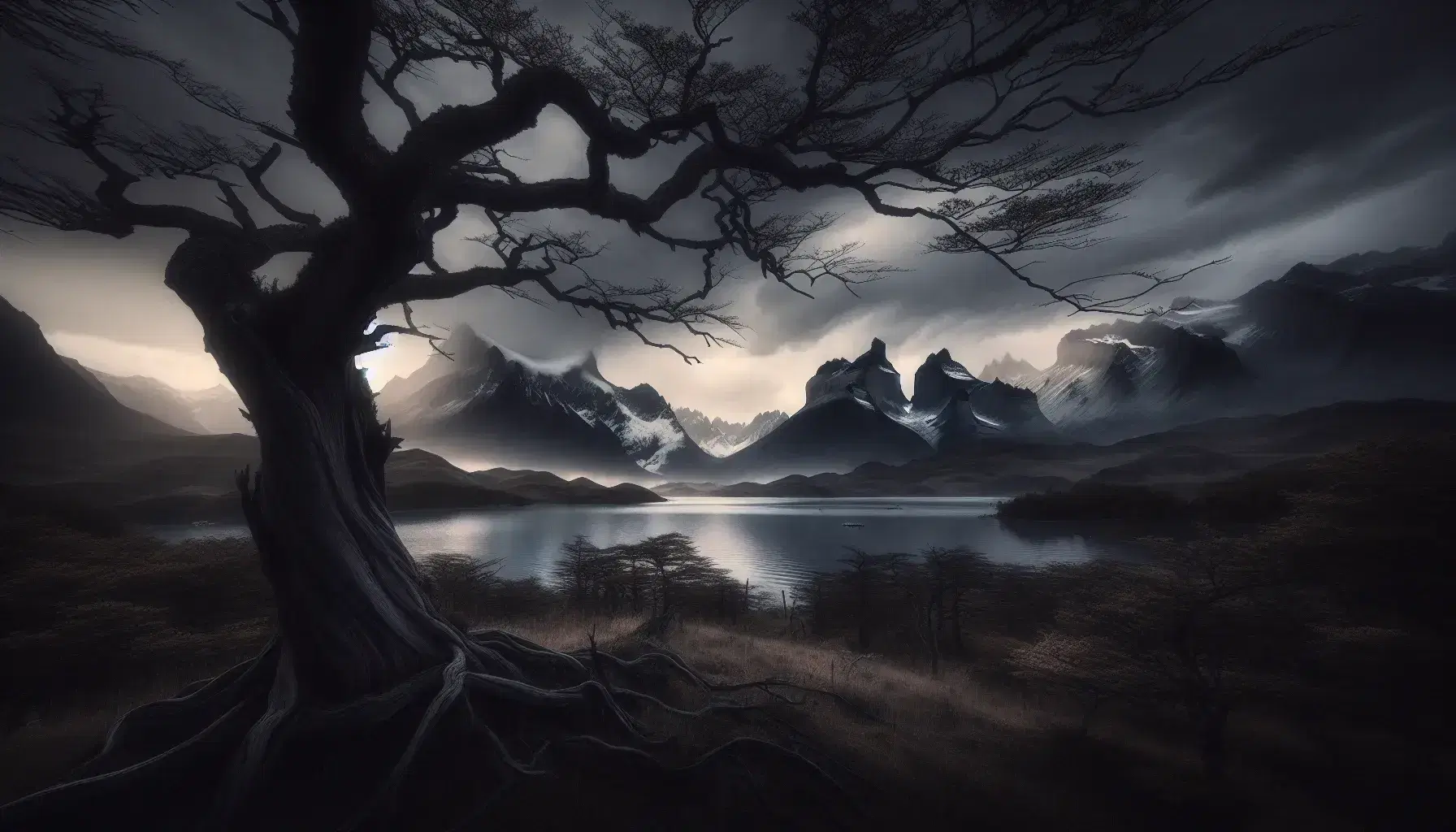 Árbol sin hojas con ramas retorcidas en primer plano, lago tranquilo y montañas neblinosas al fondo bajo un cielo nublado que refleja una luz tenue.