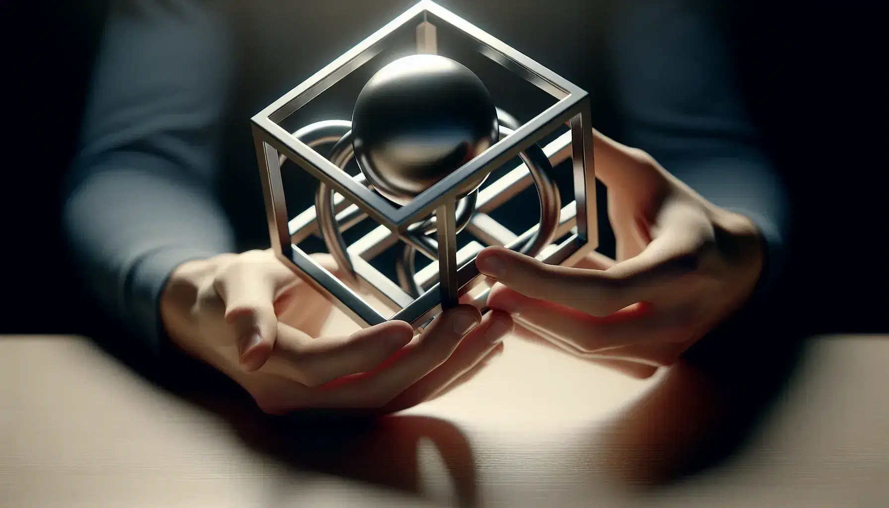 Manos sujetando modelo 3D de cubo y esfera entrelazados de material metálico sobre superficie clara, reflejando luz suave y sin textos visibles.