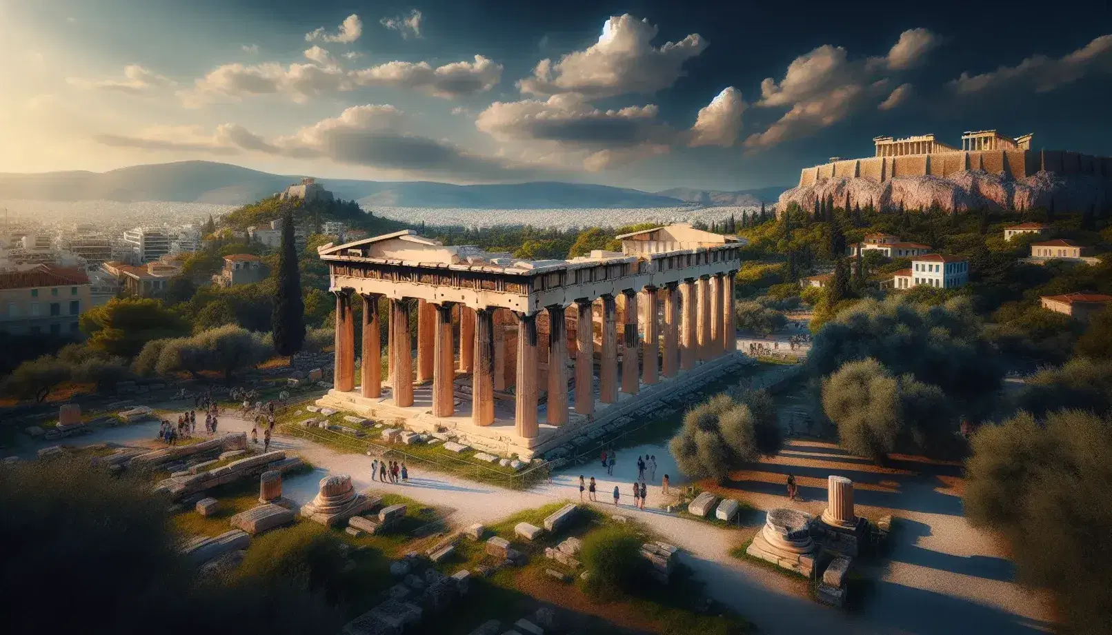 Vista panoramica delle rovine dell'antica Agorà di Atene con il Tempio di Efesto e l'Acropoli sullo sfondo, sotto un cielo azzurro.