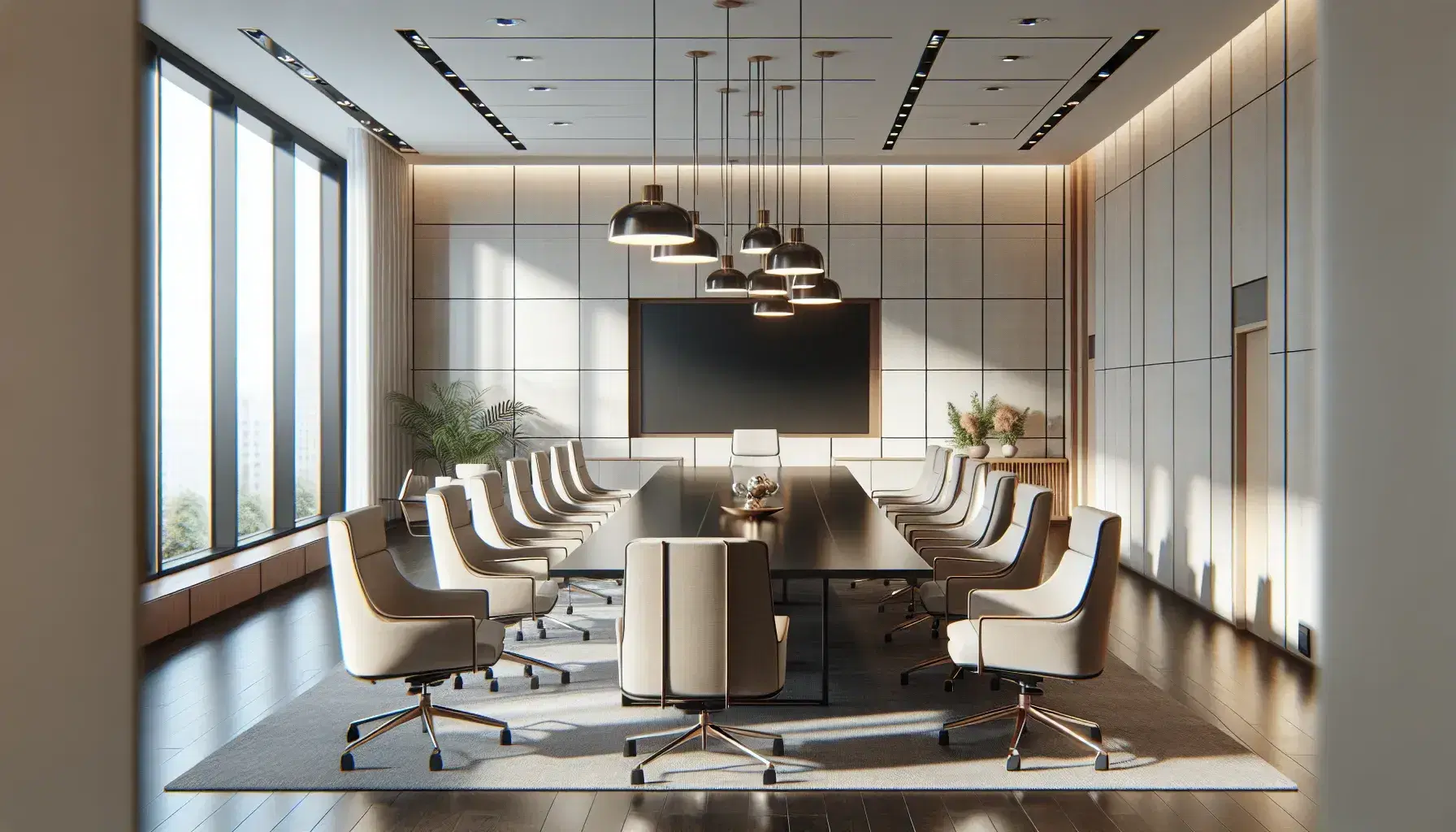 Sala de juntas espaciosa con mesa rectangular de madera oscura, sillas ergonómicas, lámparas colgantes modernas y pantalla plana apagada en la pared.