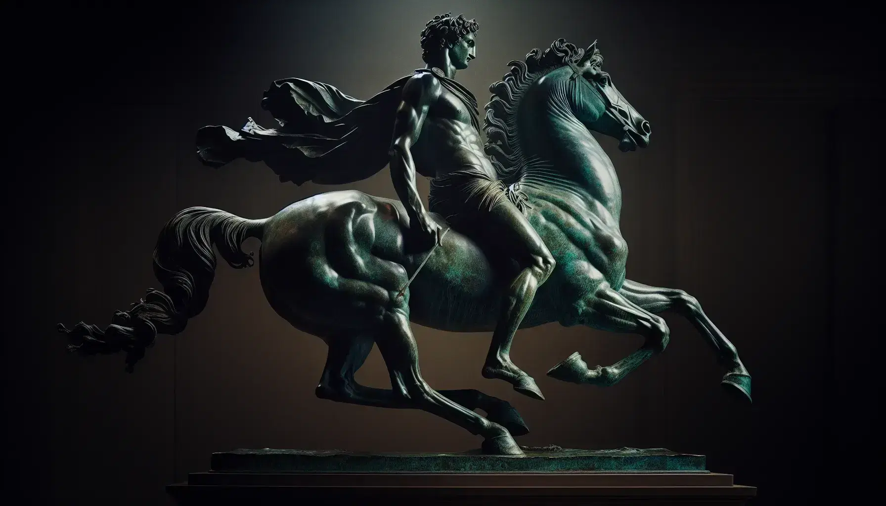 Statua in bronzo di figura storica su cavallo impennato, con tunica greca e muscoli definiti, sotto luce soffusa che crea ombre.