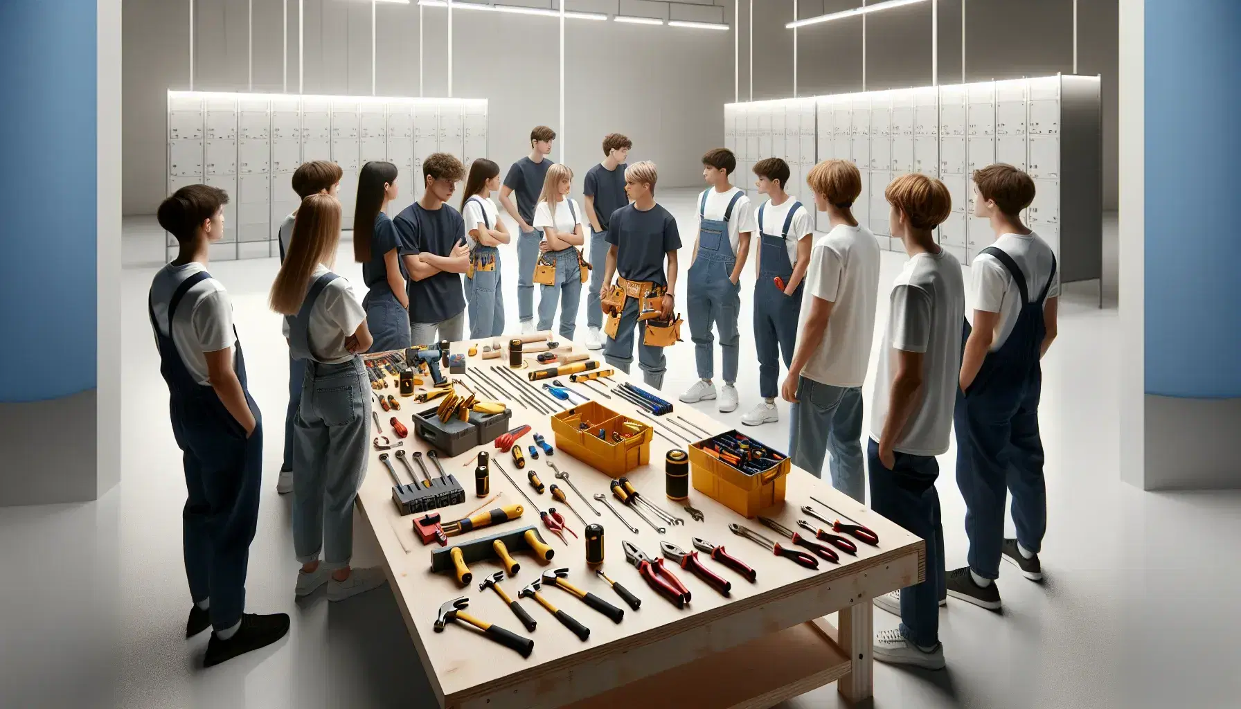 Grupo de jóvenes trabajando en equipo en un taller con herramientas manuales sobre mesa de madera, en un ambiente de colaboración y aprendizaje práctico.