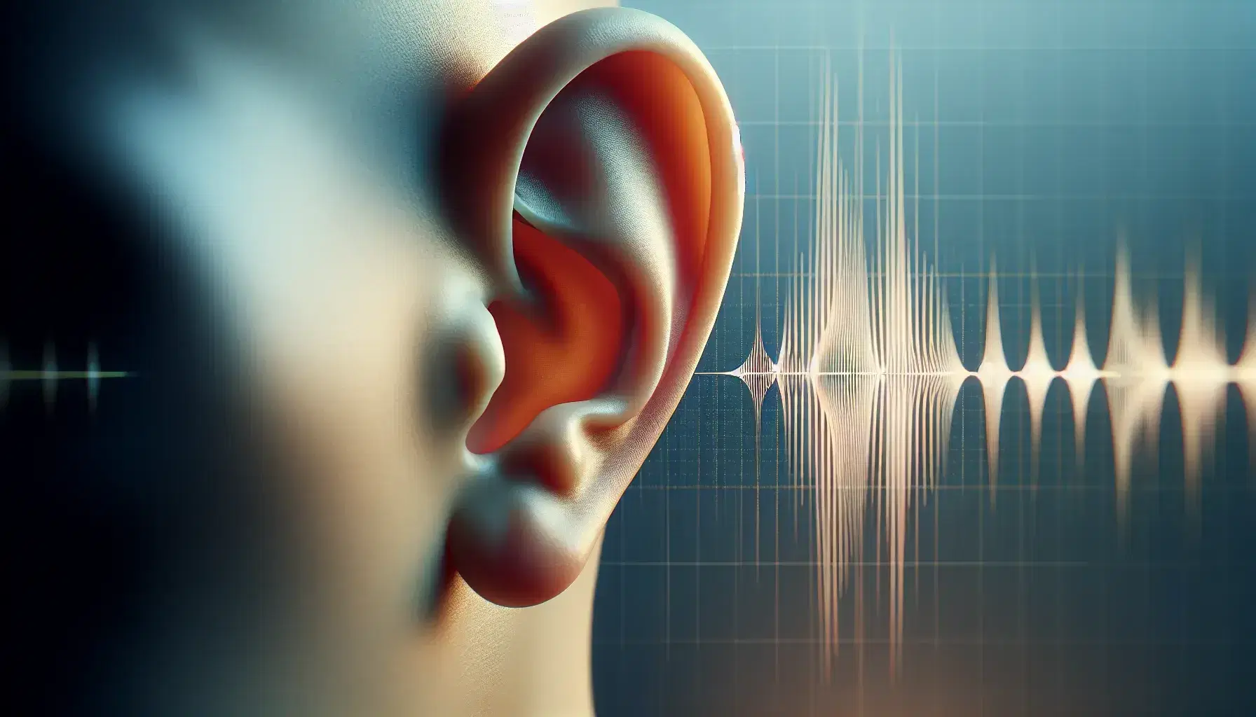 Close-up view of a human ear with detailed pinna and ear canal entrance, against a soft blue-gray gradient background with white sound wave lines.