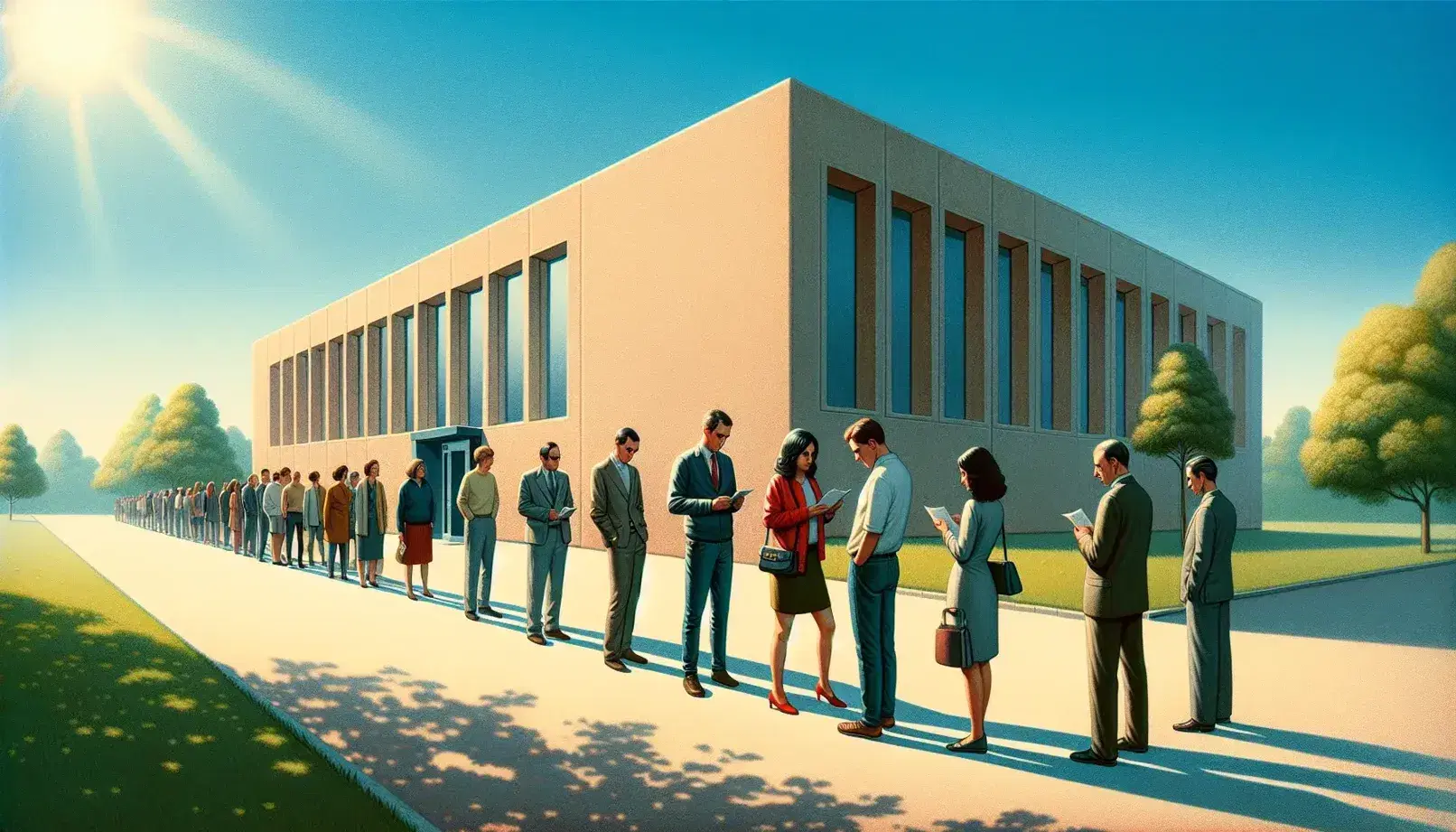Queue of diverse people waiting outside a plain building on a sunny day, with a clear blue sky and a city skyline in the background.