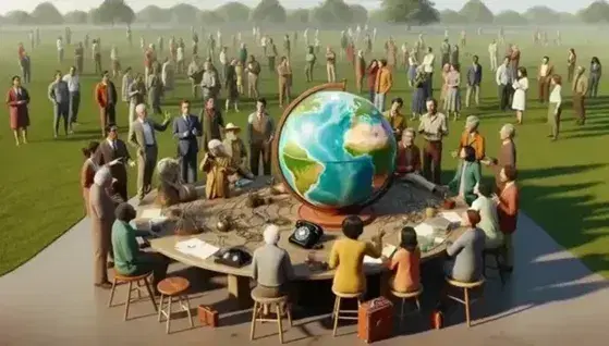 Grupo diverso de personas en animada conversación alrededor de un globo terráqueo en un parque, con objetos de comunicación en primer plano.