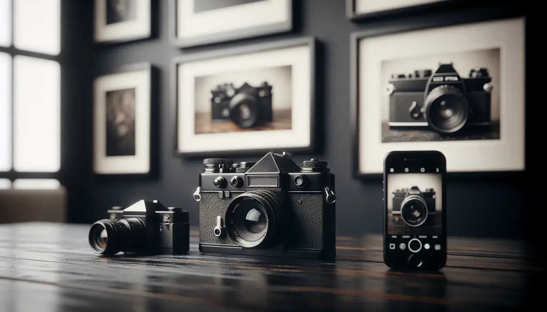 Macchina fotografica analogica vintage accanto a una moderna DSLR e smartphone su tavolo scuro, con stampe fotografiche sullo sfondo.