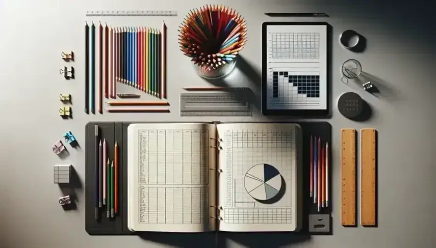 Overhead view of an organized office desk with an open notebook displaying blank charts, a jar of colored pencils, tablet with grid, stack of paper, and a calculator.