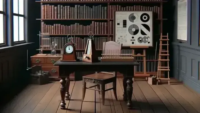 Laboratorio psicológico del siglo XIX con mesa de madera, metrónomo, cronómetro, tubos de ensayo, silla y estantería con libros.