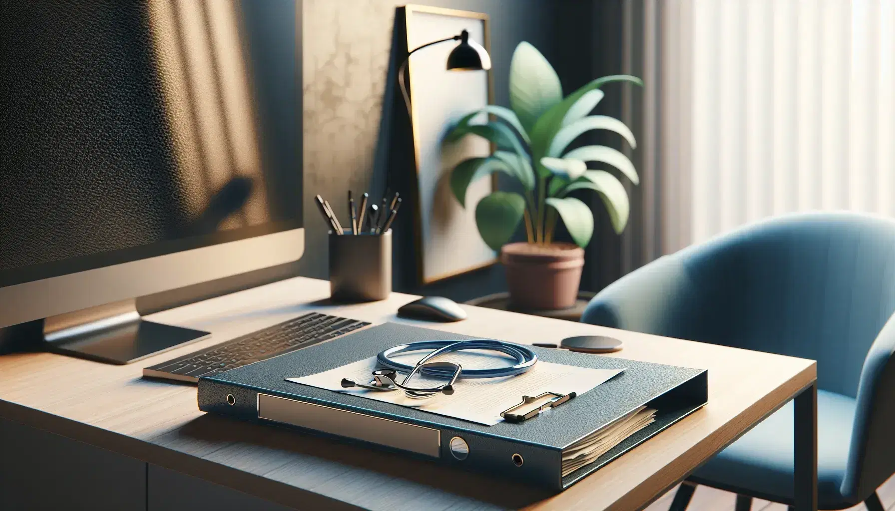 Consultorio médico con mesa de madera, carpeta azul abierta, estetoscopio, teclado y monitor apagado, silla de oficina y planta interior.