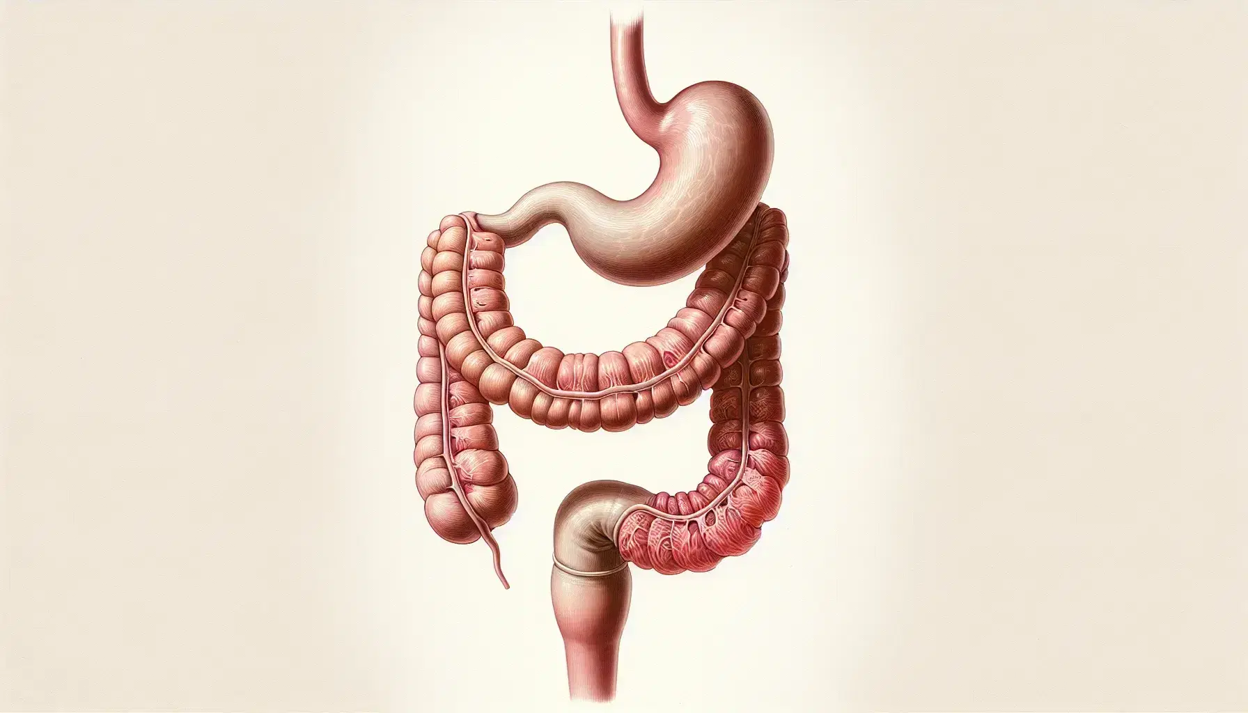 Sistema digestivo humano con esófago en tono rosa claro y estómago más oscuro, mostrando el esfínter esofágico inferior y pliegues internos, sin distracciones de fondo.